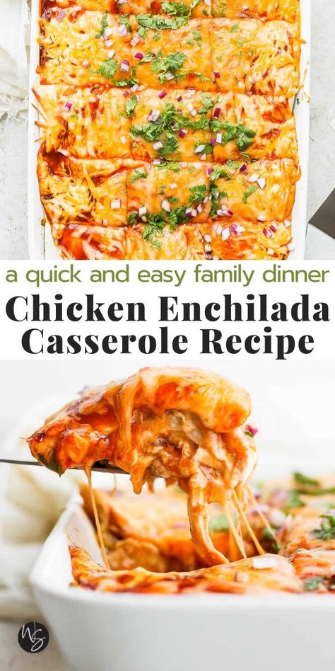 Chicken Enchilada Casserole - a quick and easy recipe for making a chicken enchilada casserole with real, simple ingredients. Perfect for feeding a crowd, especially when you serve it with some salsa rice on the side!  This recipe can be made gluten-free and dairy-free. Our simple Chicken Enchilada Casserole is full of melty cheese, tender chicken, refried beans, layers of tortillas, and red enchilada sauce with just a bit of spice. Salsa Rice, Best Chicken Enchilada Recipe, Easy Enchilada Casserole, Chicken Tortilla Casserole, Easy Chicken Enchilada Casserole, Easy Enchilada Recipe, Easy Chicken Enchilada Recipe, Red Sauce Recipe, Chicken Enchilada Casserole Recipe