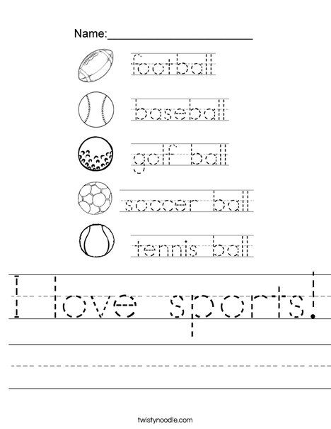 I love sports Worksheet - Twisty Noodle Sports Kindergarten Activities, Sports Worksheets Preschool, Sports Worksheets For Kids, Sports Lesson Plans, Fun Preschool Worksheets, Language Activities Preschool, Sport English, Handwriting Worksheet, Bee Room