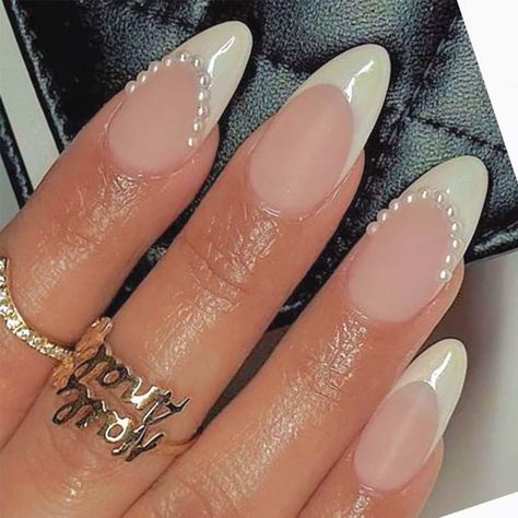 Wedding Gel X Nails, Upgraded French Manicure, Wedding Nails With Pearls Brides, Wedding Nails Vintage, Nail Inspo Acrylic White, Hoco Nails For White Dress, White Rabbit Nails, Swag Nails Almond, White Gold French Tip Nails