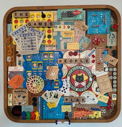 Framed Board Games Wall Art, Upcycle Junk, Games People Play, 2024 Creative, Upcycle Art, Nostalgia Art, Collage Art Projects, Toy Room, Collage Ideas