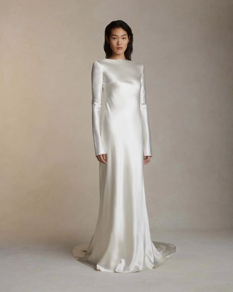 Long Sleeve Satin Wedding Dress, Long Sleeve Wedding Dress Simple, Square Neck Wedding Dress, Danielle Frankel, Silk Wedding Gown, Courthouse Wedding Dress, Long Sleeve Wedding Gowns, High Neck Wedding Dress, Satin Wedding Gown