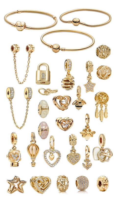 Pandora gold charm bracelet inspo #pandora #charms #gold #bracelet #jewelry #inspo Pandora Charms Gold, Pandora Bracelet Charms Ideas, Xoxo Jewelry, Chunky Gold Jewelry, Pandora Bracelet Designs, Jewelry Closet, Dope Jewelry Accessories, Pandora Armband, Pandora Gold