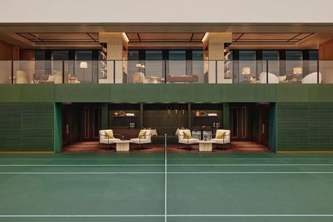 Inside the Largest Private Indoor Tennis Court in London Home With Tennis Court, Tennis Club Restaurant, Luxury Tennis Court, Private Tennis Court Luxury, Paddle Court Design, Indoor Tennis Court Design, Tennis Court Architecture, Badminton Court Design, Home Tennis Court