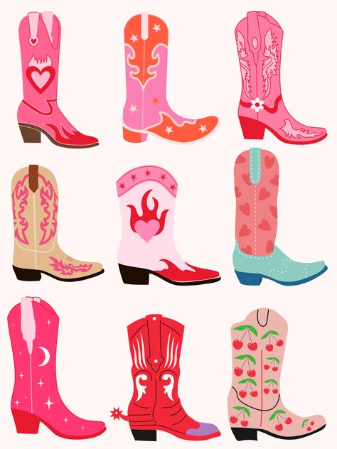 Cowboy Boot Sticker, Cowboy Boot Poster, Retro Cowgirl Aesthetic, Cowboy Boot Pattern, Cowboy Boots Illustration, Cowgirl Boots Art, Fashion Editorial Men, Pink Aesthetic Poster, Cowgirl Illustration