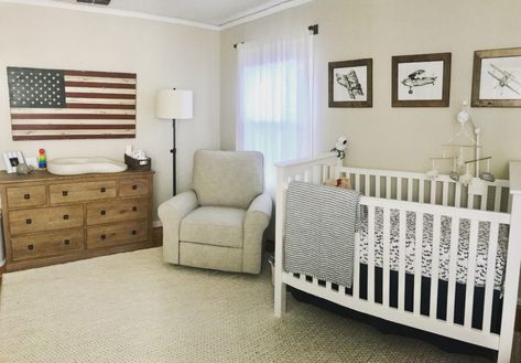 I wanted a nursery that my son could grow older in without needing to make changes as he aged. I was going for neutral and mature with boyish touches.  The nursery started with the Pottery Barn American flag, my husbands only request, and I worked around it. Americana Nursery, Nursery Ideas Neutral, Rustic Baby Rooms, Rustic Baby Boy Nursery, Classic Nursery, Parents Room, Baby Nursery Neutral, Baby Boy Room Nursery, Rustic Nursery