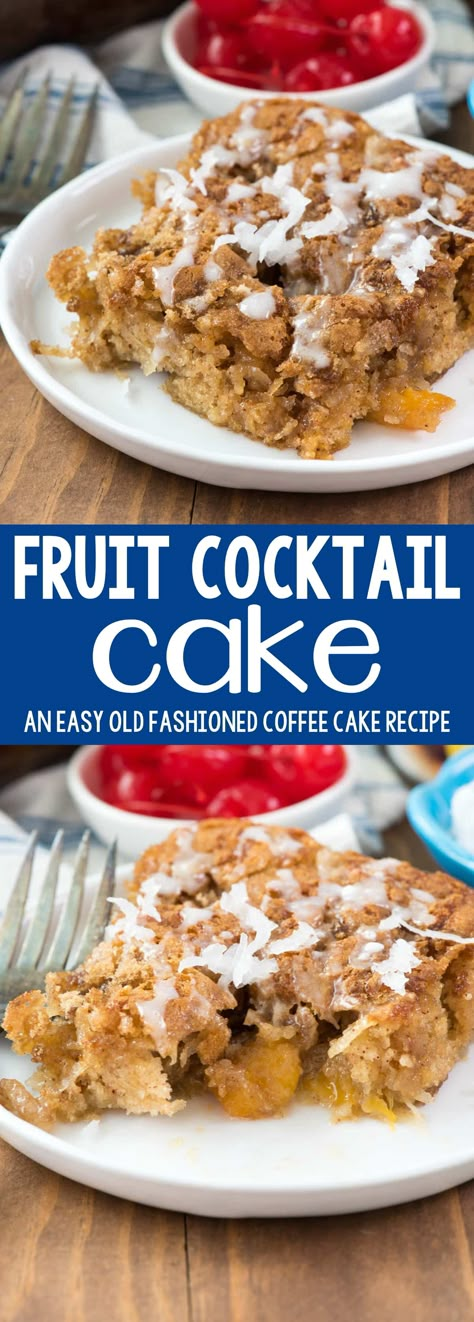 Fruit Cocktail Cake - this easy cake recipe is the perfect coffee cake for breakfast! It's full of coconut and fruit with no oil! This old fashioned recipe is the perfect way to use up canned fruit cocktail. Easy Fruit Cocktails, Fruit Cocktail Cake, Easy Desert Recipes, Cocktail Cake, Resipi Kek, Deserts Easy, Fruit Cocktail, Dessert Cake Recipes, Coffee Cake Recipes