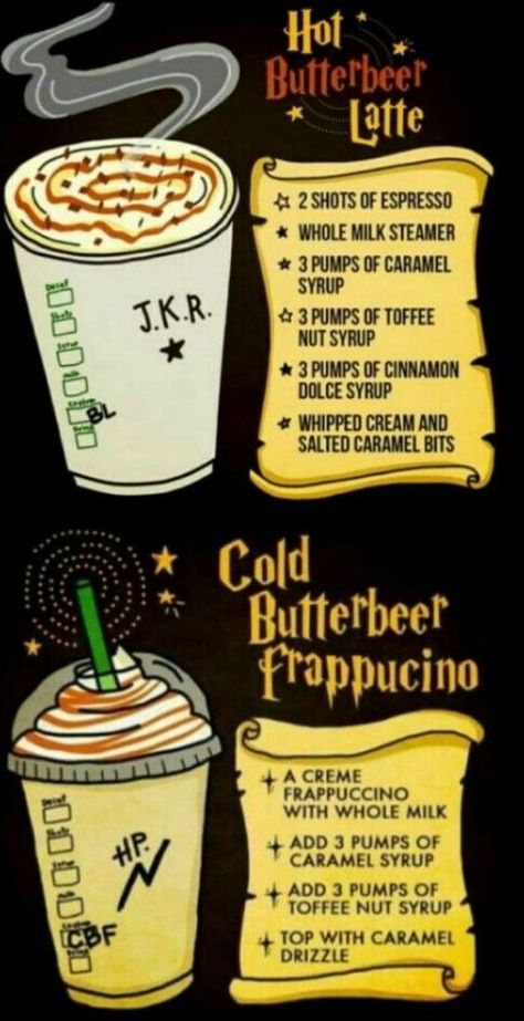 Butter Beer Starbucks Drink, Ravenclaw Food Ideas, Halloween Starbucks Drinks Recipes, Harry Potter Starbucks Drink, Specialty Coffee Recipes, Butterbeer Latte, Harry Potter Cookbook, Harry Potter Drinks, Harry Potter Snacks