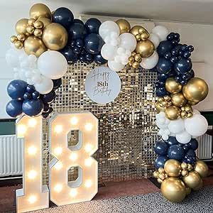 Blue Gold Birthday Decor, Blue Gold Theme Party, Navy Blue And Gold Balloon Arch, Navy Blue 18th Birthday Party Ideas, Navy Blue And Gold Balloon Garland, Blue White And Gold Birthday Decorations, Blue 40th Birthday Party Ideas, Light Blue And Gold Birthday Decorations, Navy And Gold Sweet 16