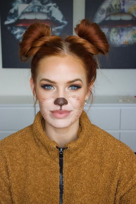 Bear Makeup Halloween Cute, Halloween Animal Face Makeup, Bear Costume Womens Diy, Simple Bear Makeup, Hair To Look Like Bear Ears, Bear Halloween Costume Makeup, Womens Bear Costume, Teddy Bear Costume Makeup, Honey Bear Costume