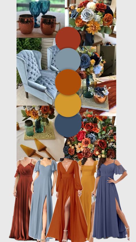 Burnt orange, rust, terracotta, and dusty blue Fall Colors Wedding October October Wedding Colors, Wedding Color Scheme, Dusty Blue Weddings, October Wedding, Wedding Color, Wedding Color Schemes, Blue Wedding, Wedding Bells, Dusty Blue