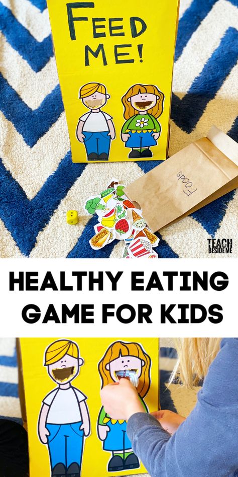 Teach Kids healthy eating and nutrition with this feed me game- also helps with math counting skills!  #healthykids #nutrition #mathgame #health #learninggame #kidsactivities Healthy Food Project, Healthy Eating Kids Activities, Healthy Me Crafts For Preschoolers, Feed Me Activity For Kids, Healthy And Unhealthy Food Activities For Preschool, Healthy Body Activities For Preschoolers, Healthy Foods Activities For Preschool, Food Activity Preschool, Preschool Healthy Food Activities