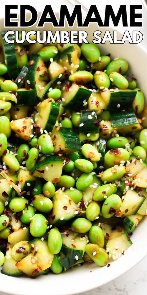 Easy Japanese Edamame Salad - Sims Home Kitchen Cucumber And Edamame Salad, Salad With Edamame Healthy Recipes, Pasta Salad With Edamame, Pasta With Edamame, Edamame And Cucumber Salad, Edamame Pasta Salad, Edamame Bowl Recipe, Meals With Edamame, Edamame Beans Recipes