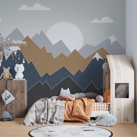 Mountain Themed Room, Nursery With Mountain Mural, Mountain Nursery Theme Wallpaper, Nursery Wallpaper Mountain, Green Mountain Mural Nursery, Mountain Mural Kids Room, Baby Room Mountain Wallpaper, Mountain Nursery Wall, Wallpaper Kids Room