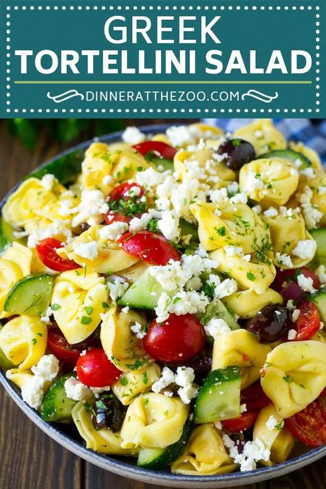 Greek Tortellini Salad Recipe | Pasta Salad | Tortellini Salad | Greek Salad #greek #tortellini #pasta #salad #cucumbers #olives #dinner #dinneratthezoo Feta Salads, Cheese Tortellini Salad, Salad Tortellini, Greek Tortellini, Orzo Salat, Pesto Orzo, Greek Tortellini Salad, Salad Greek, Feta Pasta Salad