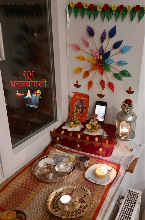 Simple Dhanteras and dhanwantari pooja #austria Diwali Decorations At Home Pooja, Dhanteras Decorations At Home, Dhanteras Pooja At Home, Dhanteras Pooja Decoration At Home, Dhanteras Aesthetic, Dhanteras Decoration, Dhanteras Pooja, Pinterest Room, Diwali Decorations At Home