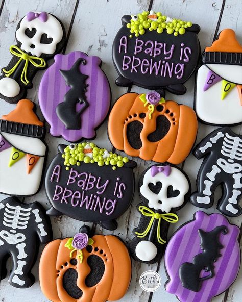 A baby is brewing! 💀🍼 . I am loving this purple! 💜 . Flavor: chocolate . . . #halloweenbabyshowercookies #babyshowercookies… | Instagram Halloween Shower Ideas, Baby Bottle Cookies, Little Boo Is Almost Due, October Baby Showers, Halloween Gender Reveal, Gender Reveal Cookies, Halloween Baby Shower Theme, October Baby, Personalized Cookies