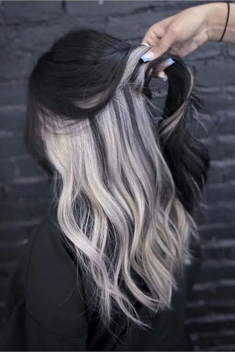 Black Hair With Platinum Gray Underdye Gray Underneath Hair, Black And Platinum Hair, White Balayage, Hair Color Ideas Balayage, Underdye Hair, White Ombre Hair, Black And Silver Hair, Silver Ombre Hair, Blonde Underneath