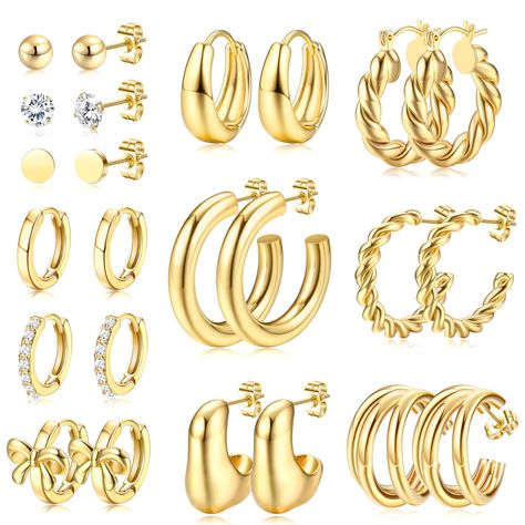 PRICES MAY VARY. 14K Gold Plated Earrings: The dainty gold hoop earrings set has 12 pairs of different cute earrings, including 3 pairs classic stud earrings, 3 pairs small huggie earrings and 6 pairs chunky gold hoops, perfect for adding a touch of elegance to any outfit Hypoallergenic Earrings Pack: High quality stainless steel post and brass material, our gold hoop earrings for women trendy are hypoallergenic, long-lasting shiny and safe for sensitive ears. The highly polished finishing and s Gold Earrings Pack, Starter Earrings, Earring Stacks, Sensitive Ears Earrings, Chunky Gold Hoop Earrings, Small Gold Hoop Earrings, Huggie Earring, Chunky Hoop Earrings, Surgical Steel Earrings