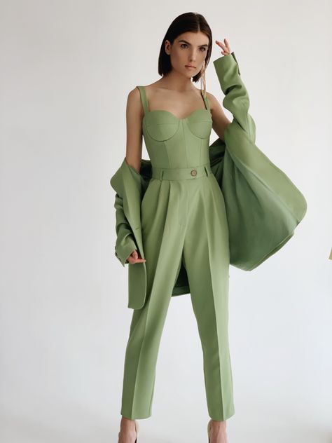 Bustier corset Corset Outfit Formal, Suit And Corset, Suit With Corset, Corset Suit, Green Suit Women, Bustier Outfit, Yellow Corset, Rich Clothing, Ivory Suit