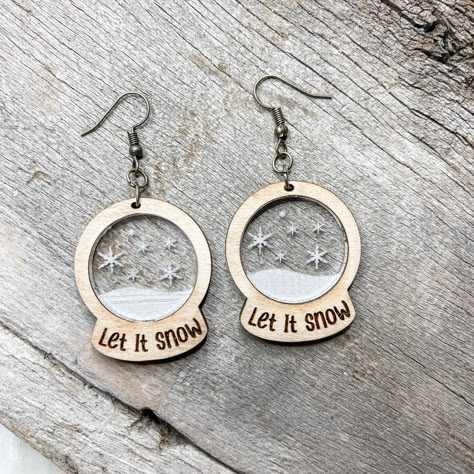 Holiday Snowman Snow Globe | Snow globe Earrings | Winter Earrings | Snowflake Jewelry | Snow Earrings | Winter Jewelry - Embellish My Heart Laser Engraver Projects Christmas, Snow Globe Earrings, Laser Engraving Ideas Projects Acrylic, Laser Keychain Ideas, Laser Cut Christmas Ideas, Laser Cut Acrylic Ideas, Laser Engraving Ideas Projects, Laser Cut Gift Ideas, Glowforge Earrings