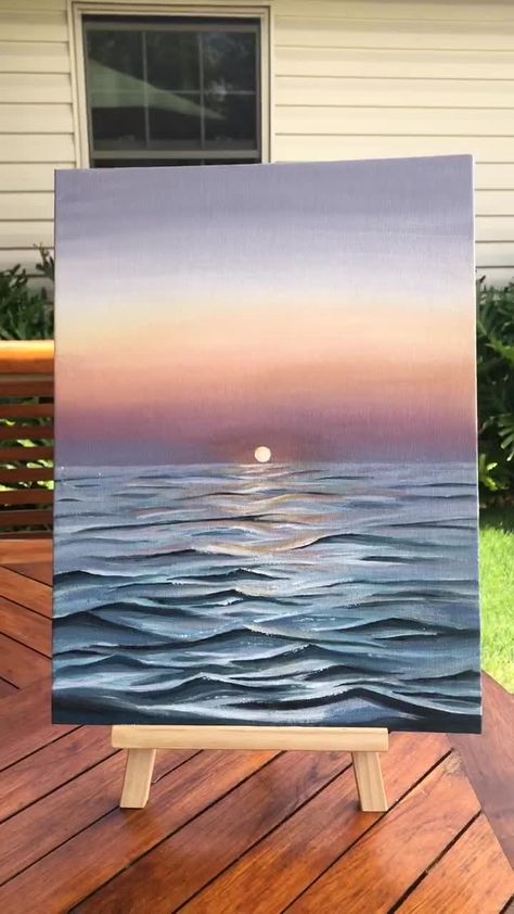 Sunset In Ocean Painting, Sunset On Water Painting Acrylic, Beach Water Painting, Water Sunset Painting, Sea Water Painting, Small Beach Paintings, Realistic Water Painting, Painting Ideas On Canvas Water, Ocean Easy Painting