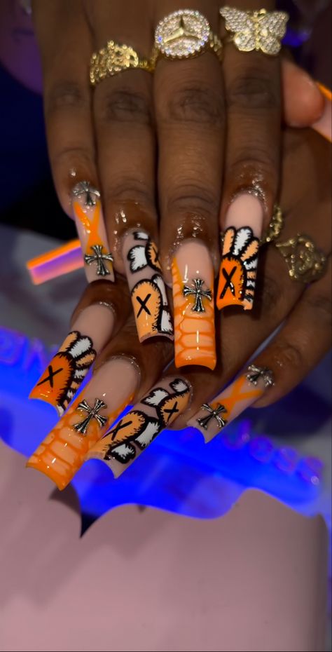 Orange Freestyle Nails, Orange Freestyle Acrylic Nails, Fall Freestyle Nails, Acrylic Orange Nails, November Acrylic Nail Designs, Orange Stiletto Nails, Nails Acrylic Orange, Wednesday Nails, Nail Inspo Nail Art