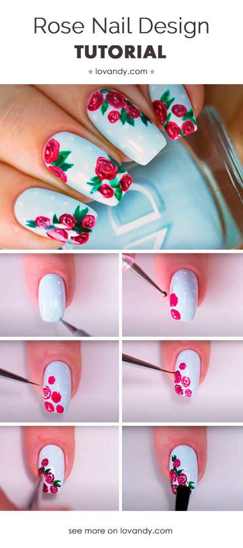 Rose Nails Design, Rose Nail Art Tutorial, Red Rose Nail Art, Nail Art Flowers Designs, Roses Nail Art, Rose Nail Design, Scarlet Color, Make Step By Step, Rose Nail Art