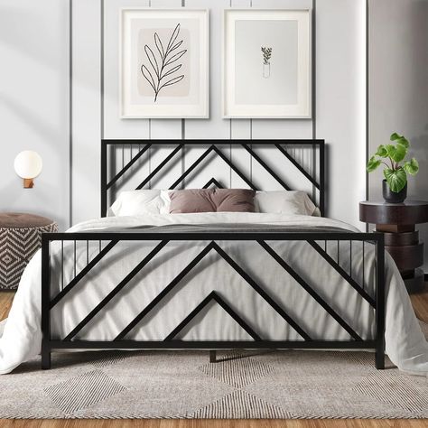 CraftPorch Classic Geometric Slat Metal Platform Bed - On Sale - Bed Bath & Beyond - 37837434 Steel Headboard Ideas, Metal Frame Beds, Metalic Bed Design Modern, Modern Metal Bed Frame Design, Modern Metal Bed Frame, Metallic Bed Designs, Steel Bed Design Modern, Bar Bed Frame, Steel Bed Frame Ideas