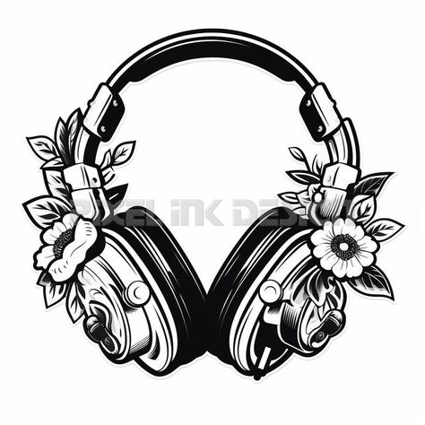 Head Phones Tattoo, Headphone Tattoo Design, Headphone Tattoos, Headphones Tattoo Design, Headphones Tattoo, Tattoo Stencil Designs, Skull Headphones, Headphones Art, Printable Tattoos