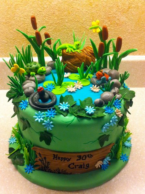 Swamp / Pond Cake                                                                                                                                                                                 More Frog Cake Ideas, Lizard Cake, Crocodile Cake, Fisherman Cake, Lake Cake, Pond Cake, Rodjendanske Torte, Frog Cake, Garden Cakes