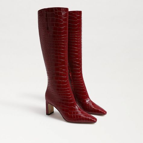 Sam Edelman 2.8 heel Red Patent Leather Boots Outfit, Red Boots Fall, Red Tall Boots, Cherry Boots, Dark Red Boots, Red Knee High Boots, Leather Boots Outfit, Maroon Boots, Wide Calf Knee High Boots