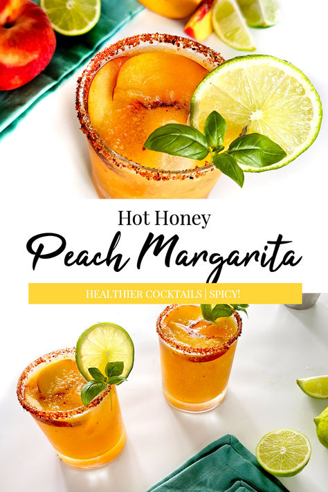 Hot Honey Peach Margarita Honey Margarita, Peach Margarita Recipes, Gluten Free Cocktails, Peach Margarita, Low Carb Cocktails, How To Make Margaritas, Healthy Cocktails, Peach Puree, Margarita Cocktail