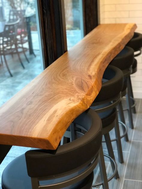 Cherry Bar Top by Urbn Timber at Dublin, Dublin Kaffe Bar, Wood Bar Top, Home Bar Table, Live Edge Bar, Floating Table, Window Bars, Bar In Casa, Hanging Table, Live Edge Wood