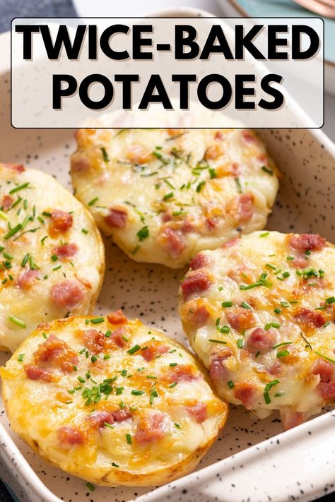 Easy twice baked potatoes are the perfect side dish recipe to your meat entrees. You don't need any special cookware. They bake in the oven in a casserole dish. Twice Baked Potatoes In The Oven, Baked Potatoes In Oven, Twice Baked Potatoes Easy, Easy Twice Baked Potatoes, Baked Potatoes In The Oven, Starchy Sides, Baked Potato With Cheese, Potatoes In The Oven, Frozen Sweet Potato Fries