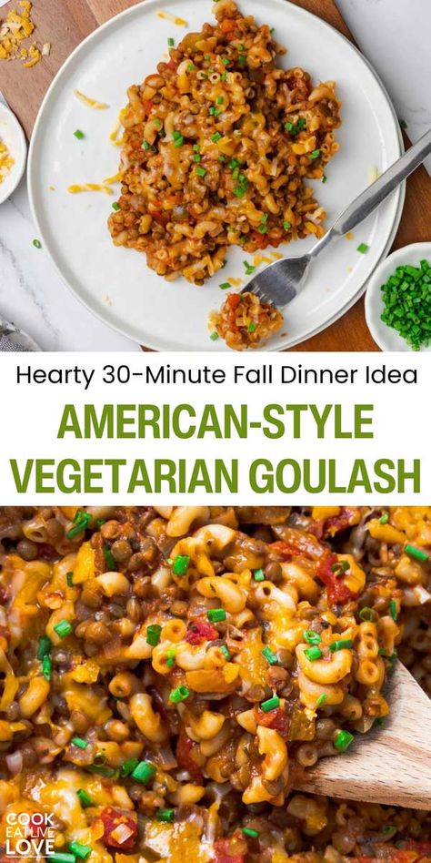 Warm up with this delicious Vegetarian Goulash, the ultimate easy fall dinner idea! Ready in just 30 minutes, this hearty dish is a great way to enjoy a comforting, flavorful meal without spending hours in the kitchen. Elbow macaroni and a plant-based protein cook in a zesty tomato sauce that’s packed with so much flavor! Whether you’re cooking for the family or just for yourself, this goulash is sure to become a fall favorite! #falldinneridea #comfortfood #easyvegetariandinnerrecipes Meatless Comfort Food, Vegetarian Goulash Recipes, Fall Vegetarian Recipes, Vegetarian Goulash, Pickled Beet Salad, Easy Fall Dinner, Cheap Vegetarian Meals, Easy Fall Dinners, Autumn Recipes Vegetarian