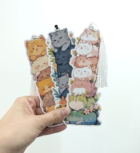 Cute Note Books, Book Stack Illustration, Illustrated Bookmarks, Bookmark Illustration, Cat Bookmark, Studio Ghibli Fanart, Cat Hand, Layered Art, Unique Bookmark