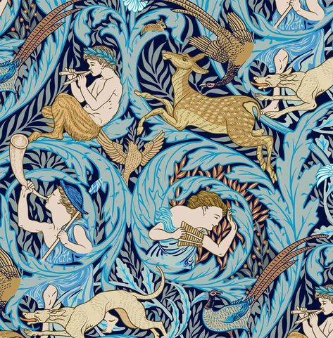 Walter Crane Wood Nymphs from Loome Fabrics Wallpaper Macbook, Walter Crane, Images D'art, Alphonse Mucha, Wallpaper Panels, Arts And Crafts Movement, Counted Cross Stitch Patterns, Blue And Gold, Of Wallpaper