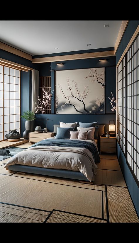 Ink Blue Bedroom, Asian Inspired Bedroom Decor, Modern Blue Bedroom, Japanese Bedroom Aesthetic, Midnight Blue Bedroom, Muji Bedroom, Bedroom Navy Blue, Modern Japanese Bedroom, Asian Inspired Bedroom