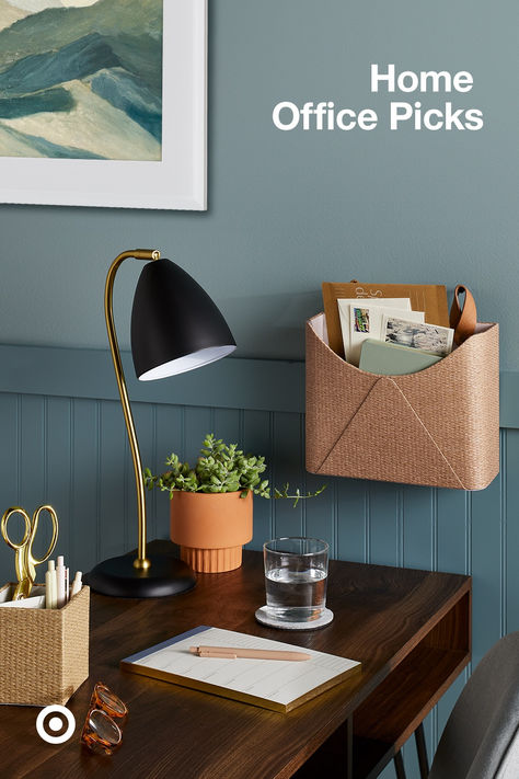 Upgrade your home office with these spring picks. Set up your desk with woven organizers, journals & wooden storage—perfect to turn your workspace into a clutter-free zone. Black And Gold Office, Decorating Your Office At Work, Scottish Cottage, Mom Cave, Gold Office Decor, Scottish Cottages, 2025 Spring, Church Office, Gold Office