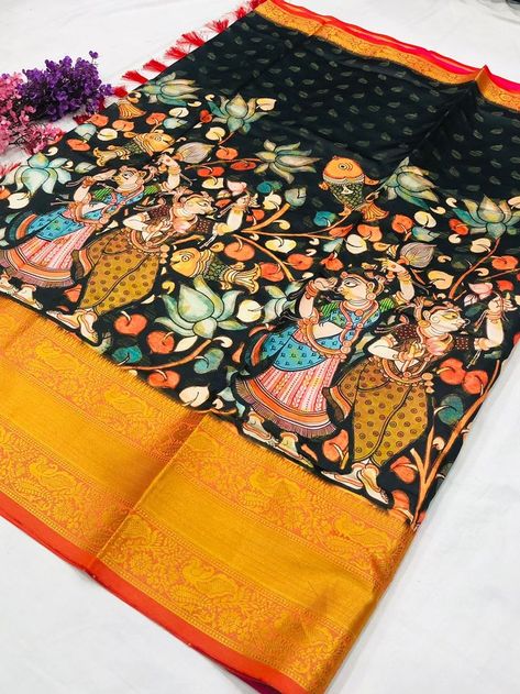 Crochet Baby Props, Banarsi Silk Saree, Silk Painting Techniques, Kalamkari Fabric, Saree Painting Designs, Kalamkari Designs, Saree Beautiful, Beach Art Painting, Saree Painting