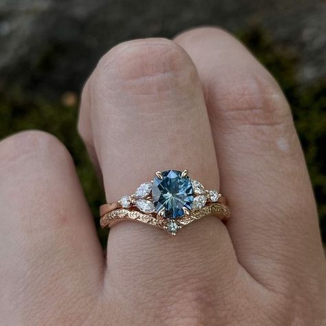 Wedding Ring Sets Sapphire, Engagement Ring Pair, Semi Precious Engagement Rings, Montana Sapphire Ring Engagement, Engagement Ring With Blue Accent, Teardrop Sapphire Ring, Wedding Ring Pairings, Wedding Ring Color, Wedding Rings Color