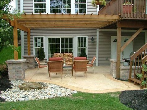 25 Amazing Walkout Basement Backyard Ideas - Our Blue Ridge House Concrete Patio Under Deck, Patio Under Decks, Under Deck, Concrete Patios, Patio Deck Designs, Stamped Concrete Patio, Pergola Attached To House, Backyard Pergola, House Deck