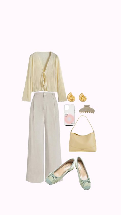 Match the vibe with your outfit. Come shop this outfit on my storefront serving a total look with the 'vanilla girl' features. This look is light airy and cute! Yellow flowy long sleeve top ties in the front. Nice linen pants paired with a soft green flat. Pairing great with the petal yellow purse. Cannot go wrong with this look. Like and follow for more content like this. Light Yellow Top Outfit, Light Yellow Top, Yellow Top Outfit, Flowy Long Sleeve Top, Yellow Purse, Yellow Purses, Green Flats, Vanilla Girl, Yellow Top