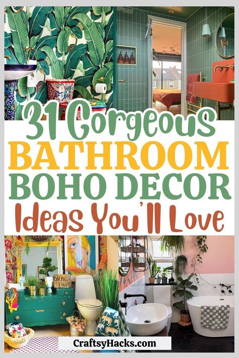 Transform your bathroom with layers of boho chic decor. Our bathroom decor ideas are perfect for those seeking both functionality and style, providing ample bathroom inspiration for a cozy, personalized retreat. Boho Shower Bathroom, Creative Bathroom Design Unique, Boho Colorful Bathroom, Colorful Bathrooms Ideas, Quirky Bathroom Ideas Creative, Natural Life Bathroom, Bohemian Bathroom Decor Ideas, Fun Guest Bathroom Ideas, Bathroom Theme Ideas Color Schemes