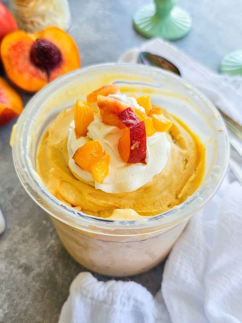 Smooth and creamy Ninja Creami peach cream-this stuff is SO good! My fav Ninja Creami ice cream recipe so far, simple, quick and easy. Perfect fall recipe. Peach Ninja Creami, Peach Ice Cream Ninja Creami, Ninja Creami Recipe, Peach Ice Cream, Ninja Creami, Fall Recipe, Kiss The Cook, Peach Cream, Peaches And Cream