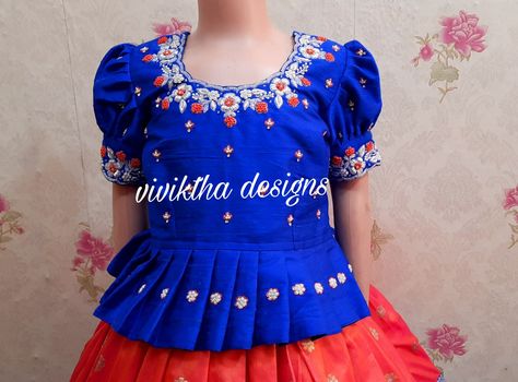 Ikkat Pattu Langa For Kids, Pattu Pavadai Kids Blouse Designs Maggam Work, Kids Pattu Langa Blouse Designs Maggam Work, Kids Pattupavada, Pattu Pavadai Kids Blouse Designs, Long Frocks For Kids, Pattu Pavadai Designs, Pattu Pavada, Langa Blouse