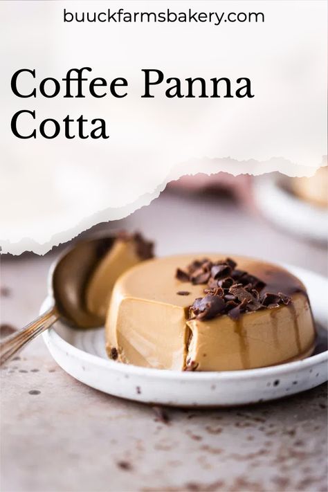 Quick and easy coffee panna cotta with chocolate caramel sauce and chocolate curls. Coffee Panna Cotta, Dessert Shooters, Panna Cotta Recipe, Creamy Coffee, Chocolate Curls, Easy Coffee, Mousse Recipes, Agar Agar, Coffee Espresso