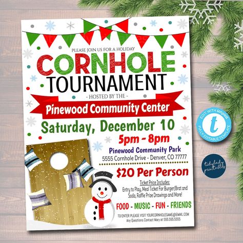 "CHRISTMAS CORNHOLE EVENT FLYER *ALL TEXT IS EDITABLE SO YOU CAN CREATE THIS TO SAY WHATEVER YOU WISH - TO CUSTOMIZE FOR YOUR EVENT! This printable HOLIDAY CORNHOLE template is great to use for countless events! A great value for your school, business, church, PTO PTA Organization, community fundraising events and more! Full Editing Options With Templett.com TRY BEFORE YOU BUY! Copy and paste the demo link below: https://templett.com/design/demo/TidyLady19/10168890 Designed for Printing 8.5x11\" Pta Organization, Fundraiser Event, Invitation Text, Fundraising Ideas, Fundraising Events, Backyard Party, Event Flyer, Event Poster, One Tree