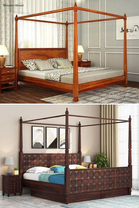 Poster Beds are the luxurious bed with four vertical columns or posts, one in each corner of the poster bed which supports the upper rectangular frame.   #woodenstreet #furniture #furniturestore #furniturebondedwithlove #posterbed #bedroom #bed #bedswithstorage Poster Beds Ideas, Modern Four Poster Bed, Wooden Four Poster Bed, Cot Ideas, Luxury Wooden Bed, Four Poster Bed Frame, Design Bedroom Wall, Wooden Cot, Bedroom Set Designs