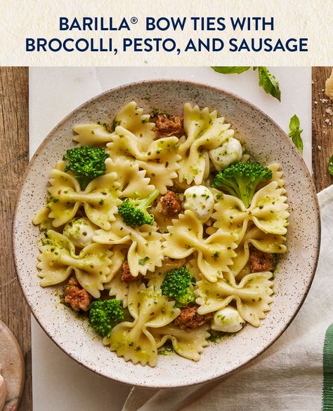 Switch up your Father's Day celebration with this delicious bow tie meal! Save this recipe for a tasty dinner, made with al dente farfalle, fresh broccoli, sausage and basil pesto. Italian Sausage Broccoli Pasta, Bow Tie Broccoli Pasta, Sausage And Broccoli Burrata Pasta, Bow Tie Pasta With Broccoli, Sausage Broccoli Pesto Pasta, Turkey Sausage Pasta, Barilla Recipes, Broccoli Pasta Recipe, Barilla Pasta